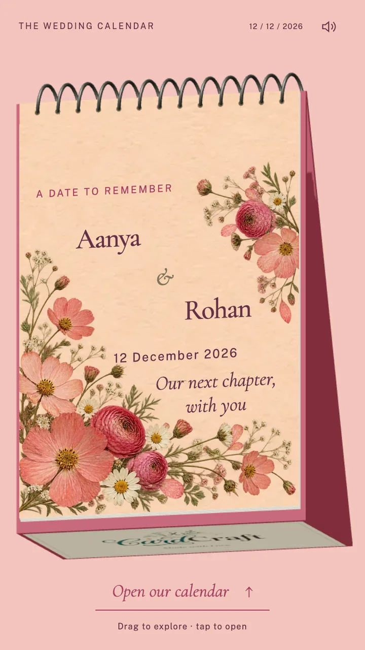 Cover of the Calendar wedding invitation, a pink desk calendar